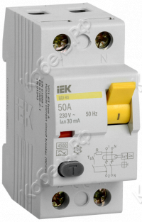 Дифференциальный выключатель (УЗО) ВД1-63 2п 50А 30мА тип AC IEK MDV10-2-050-030